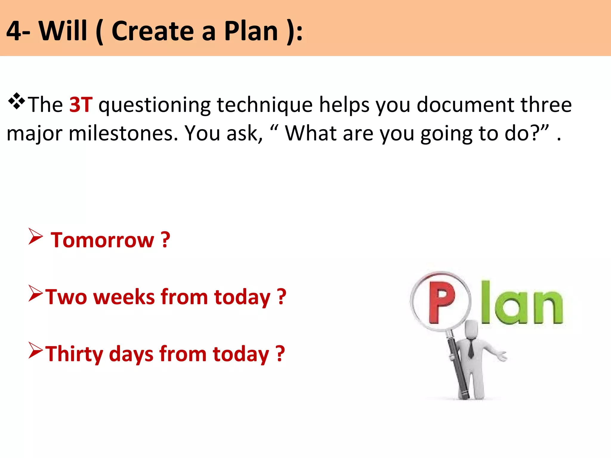 The 3T questioning technique helps you document three
major milestones. You ask, “ What are you going to do?” .
4- Will ( Create a Plan ):
 Tomorrow ?
Two weeks from today ?
Thirty days from today ?
 