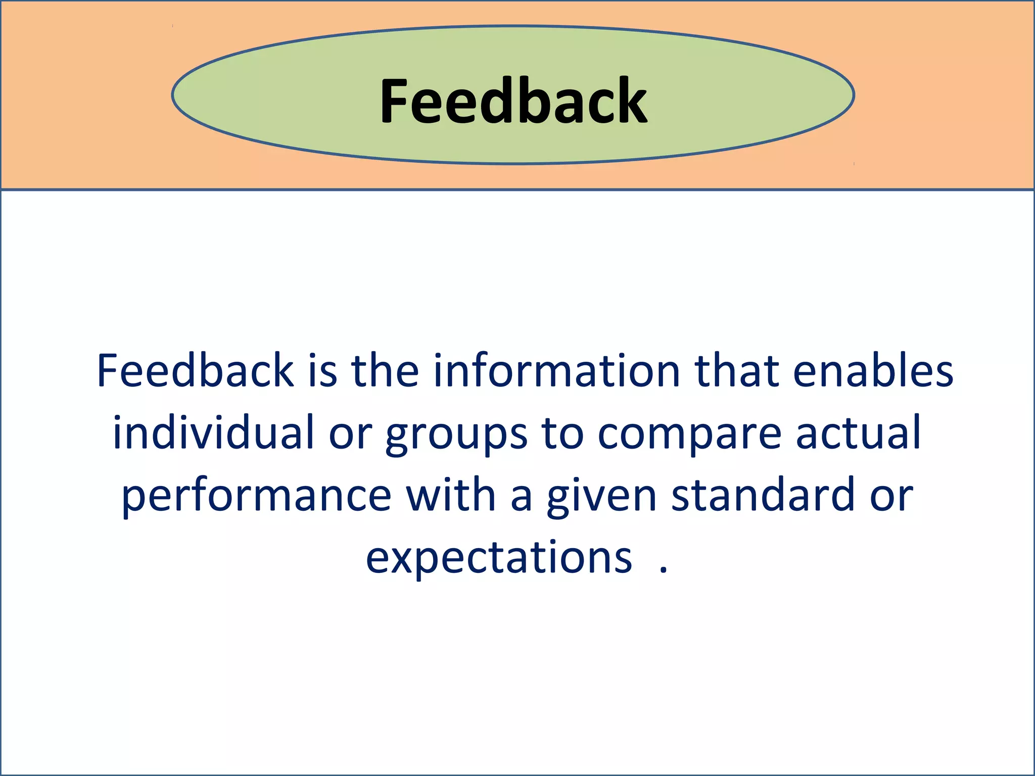 Feedback is the information that enables
individual or groups to compare actual
performance with a given standard or
expectations .
Feedback
 