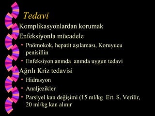 Tedavi
 Komplikasyonlardan korumak
 Enfeksiyonla mücadele
    • Pnömokok, hepatit aşılaması, Koruyucu
      penisillin
    • Enfeksiyon anında anında uygun tedavi
   Ağrılı Kriz tedavisi
    • Hidrasyon
    • Analjezikler
    • Parsiyel kan değişimi (15 ml/kg Ert. S. Verilir,
      20 ml/kg kan alınır
 
