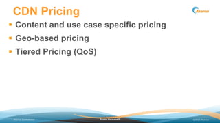 CDN Pricing
 Content and use case specific pricing

 Geo-based pricing
 Tiered Pricing (QoS)

Akamai Confidential

Fast...