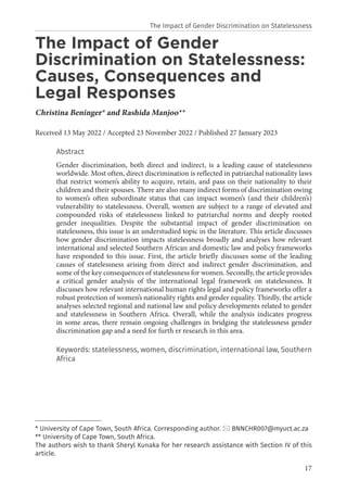 17
The Impact of Gender
Discrimination on Statelessness:
Causes, Consequences and
Legal Responses
Christina Beninger* and ...