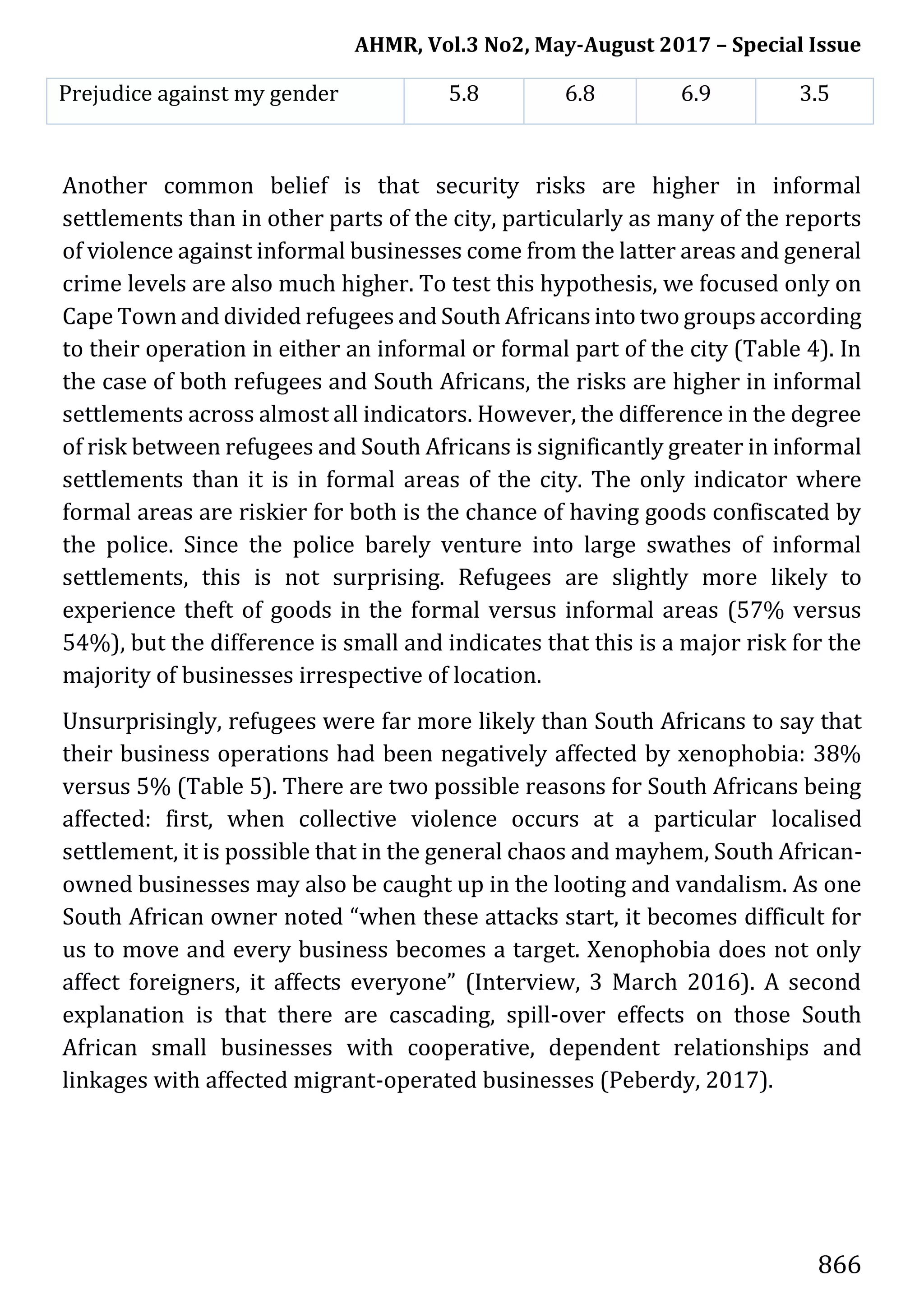 AHMR, Vol.3 No2, May-August 2017 – Special Issue
866
Prejudice against my gender 5.8 6.8 6.9 3.5
Another common belief is that security risks are higher in informal
settlements than in other parts of the city, particularly as many of the reports
of violence against informal businesses come from the latter areas and general
crime levels are also much higher. To test this hypothesis, we focused only on
Cape Town and divided refugees and South Africans into two groups according
to their operation in either an informal or formal part of the city (Table 4). In
the case of both refugees and South Africans, the risks are higher in informal
settlements across almost all indicators. However, the difference in the degree
of risk between refugees and South Africans is significantly greater in informal
settlements than it is in formal areas of the city. The only indicator where
formal areas are riskier for both is the chance of having goods confiscated by
the police. Since the police barely venture into large swathes of informal
settlements, this is not surprising. Refugees are slightly more likely to
experience theft of goods in the formal versus informal areas (57% versus
54%), but the difference is small and indicates that this is a major risk for the
majority of businesses irrespective of location.
Unsurprisingly, refugees were far more likely than South Africans to say that
their business operations had been negatively affected by xenophobia: 38%
versus 5% (Table 5). There are two possible reasons for South Africans being
affected: first, when collective violence occurs at a particular localised
settlement, it is possible that in the general chaos and mayhem, South African-
owned businesses may also be caught up in the looting and vandalism. As one
South African owner noted “when these attacks start, it becomes difficult for
us to move and every business becomes a target. Xenophobia does not only
affect foreigners, it affects everyone” (Interview, 3 March 2016). A second
explanation is that there are cascading, spill-over effects on those South
African small businesses with cooperative, dependent relationships and
linkages with affected migrant-operated businesses (Peberdy, 2017).
 