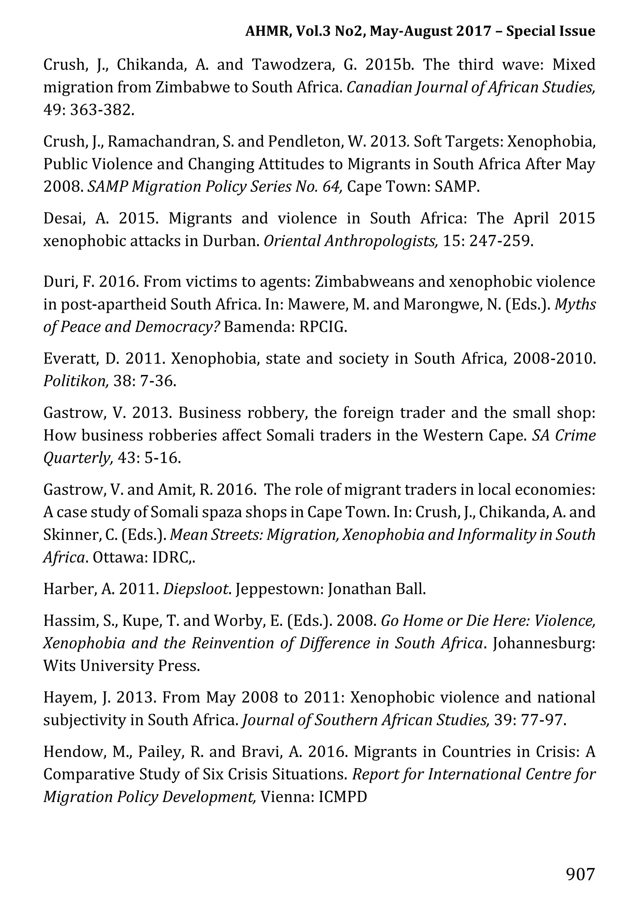 AHMR, Vol.3 No2, May-August 2017 – Special Issue
907
Crush, J., Chikanda, A. and Tawodzera, G. 2015b. The third wave: Mixed
migration from Zimbabwe to South Africa. Canadian Journal of African Studies,
49: 363-382.
Crush, J., Ramachandran, S. and Pendleton, W. 2013. Soft Targets: Xenophobia,
Public Violence and Changing Attitudes to Migrants in South Africa After May
2008. SAMP Migration Policy Series No. 64, Cape Town: SAMP.
Desai, A. 2015. Migrants and violence in South Africa: The April 2015
xenophobic attacks in Durban. Oriental Anthropologists, 15: 247-259.
Duri, F. 2016. From victims to agents: Zimbabweans and xenophobic violence
in post-apartheid South Africa. In: Mawere, M. and Marongwe, N. (Eds.). Myths
of Peace and Democracy? Bamenda: RPCIG.
Everatt, D. 2011. Xenophobia, state and society in South Africa, 2008-2010.
Politikon, 38: 7-36.
Gastrow, V. 2013. Business robbery, the foreign trader and the small shop:
How business robberies affect Somali traders in the Western Cape. SA Crime
Quarterly, 43: 5-16.
Gastrow, V. and Amit, R. 2016. The role of migrant traders in local economies:
A case study of Somali spaza shops in Cape Town. In: Crush, J., Chikanda, A. and
Skinner, C. (Eds.). Mean Streets: Migration, Xenophobia and Informality in South
Africa. Ottawa: IDRC,.
Harber, A. 2011. Diepsloot. Jeppestown: Jonathan Ball.
Hassim, S., Kupe, T. and Worby, E. (Eds.). 2008. Go Home or Die Here: Violence,
Xenophobia and the Reinvention of Difference in South Africa. Johannesburg:
Wits University Press.
Hayem, J. 2013. From May 2008 to 2011: Xenophobic violence and national
subjectivity in South Africa. Journal of Southern African Studies, 39: 77-97.
Hendow, M., Pailey, R. and Bravi, A. 2016. Migrants in Countries in Crisis: A
Comparative Study of Six Crisis Situations. Report for International Centre for
Migration Policy Development, Vienna: ICMPD
 