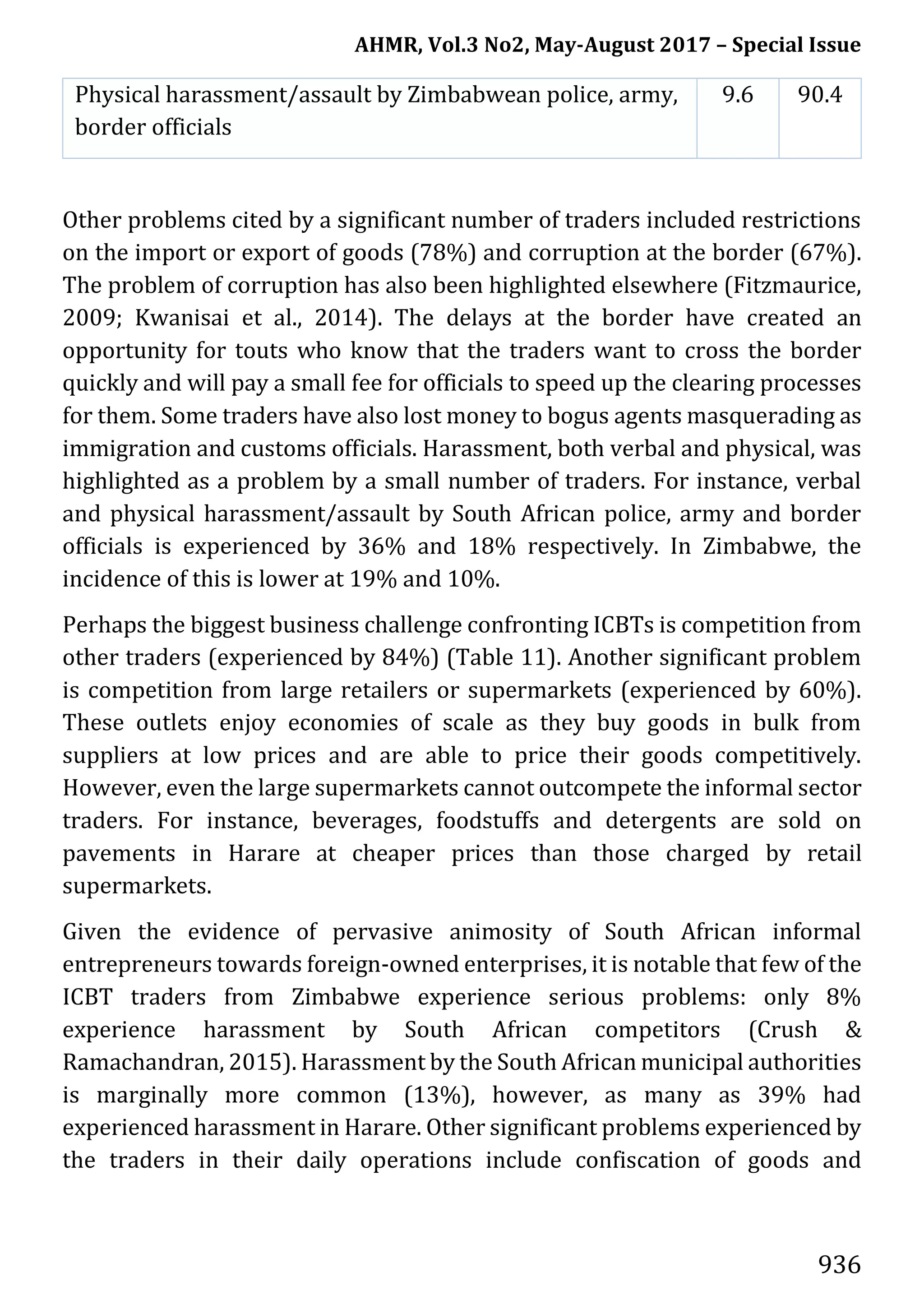 AHMR, Vol.3 No2, May-August 2017 – Special Issue
936
Physical harassment/assault by Zimbabwean police, army,
border officials
9.6 90.4
Other problems cited by a significant number of traders included restrictions
on the import or export of goods (78%) and corruption at the border (67%).
The problem of corruption has also been highlighted elsewhere (Fitzmaurice,
2009; Kwanisai et al., 2014). The delays at the border have created an
opportunity for touts who know that the traders want to cross the border
quickly and will pay a small fee for officials to speed up the clearing processes
for them. Some traders have also lost money to bogus agents masquerading as
immigration and customs officials. Harassment, both verbal and physical, was
highlighted as a problem by a small number of traders. For instance, verbal
and physical harassment/assault by South African police, army and border
officials is experienced by 36% and 18% respectively. In Zimbabwe, the
incidence of this is lower at 19% and 10%.
Perhaps the biggest business challenge confronting ICBTs is competition from
other traders (experienced by 84%) (Table 11). Another significant problem
is competition from large retailers or supermarkets (experienced by 60%).
These outlets enjoy economies of scale as they buy goods in bulk from
suppliers at low prices and are able to price their goods competitively.
However, even the large supermarkets cannot outcompete the informal sector
traders. For instance, beverages, foodstuffs and detergents are sold on
pavements in Harare at cheaper prices than those charged by retail
supermarkets.
Given the evidence of pervasive animosity of South African informal
entrepreneurs towards foreign-owned enterprises, it is notable that few of the
ICBT traders from Zimbabwe experience serious problems: only 8%
experience harassment by South African competitors (Crush &
Ramachandran, 2015). Harassment by the South African municipal authorities
is marginally more common (13%), however, as many as 39% had
experienced harassment in Harare. Other significant problems experienced by
the traders in their daily operations include confiscation of goods and
 