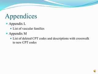 Appendices
 Appendix L
    List of vascular families
 Appendix M
    List of deleted CPT codes and descriptions with crosswalk
     to new CPT codes
 