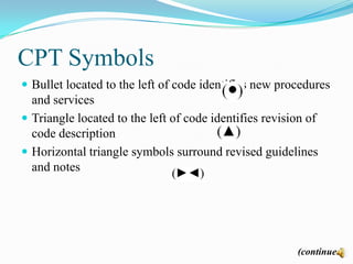 CPT Symbols
 Bullet located to the left of code identifies new procedures
  and services
 Triangle located to the left of code identifies revision of
  code description
 Horizontal triangle symbols surround revised guidelines
  and notes




                                                        (continued)
 