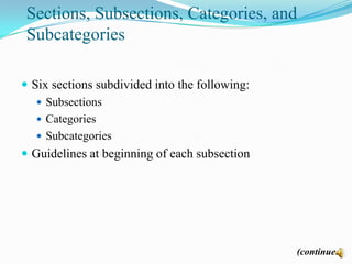 Sections, Subsections, Categories, and
 Subcategories

 Six sections subdivided into the following:
    Subsections
    Categories
    Subcategories
 Guidelines at beginning of each subsection




                                                (continued)
 