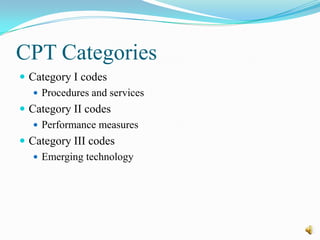 CPT Categories
 Category I codes
    Procedures and services
 Category II codes
    Performance measures
 Category III codes
    Emerging technology
 
