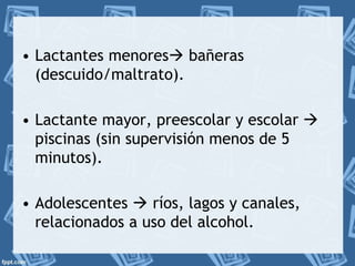 • Lactantes menores bañeras 
(descuido/maltrato). 
• Lactante mayor, preescolar y escolar  
piscinas (sin supervisión menos de 5 
minutos). 
• Adolescentes  ríos, lagos y canales, 
relacionados a uso del alcohol. 
 