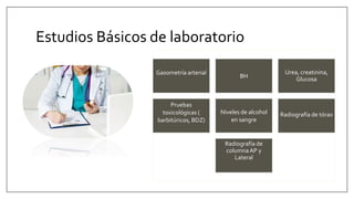 Estudios Básicos de laboratorio
Gasometría arterial
BH
Urea, creatinina,
Glucosa
Pruebas
toxicológicas (
barbitúricos, BDZ)
Niveles de alcohol
en sangre
Radiografía de tórax
Radiografía de
columnaAP y
Lateral
 