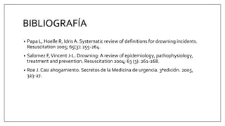 BIBLIOGRAFÍA
• Papa L, Hoelle R, Idris A. Systematic review of definitions for drowning incidents.
Resuscitation 2005; 65(3): 255-264.
• Salomez F,Vincent J-L. Drowning: A review of epidemiology, pathophysiology,
treatment and prevention. Resuscitation 2004; 63 (3): 261-268.
• Roe J. Casi ahogamiento. Secretos de la Medicina de urgencia. 3ªedición. 2005,
323-27.
 
