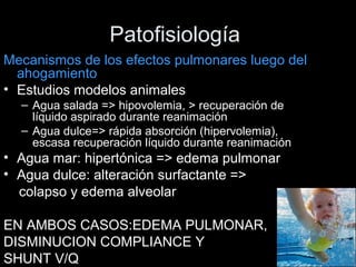 Patofisiología
Mecanismos de los efectos pulmonares luego del
ahogamiento
• Estudios modelos animales
– Agua salada => hipovolemia, > recuperación de
líquido aspirado durante reanimación
– Agua dulce=> rápida absorción (hipervolemia),
escasa recuperación líquido durante reanimación
• Agua mar: hipertónica => edema pulmonar
• Agua dulce: alteración surfactante =>
colapso y edema alveolar
EN AMBOS CASOS:EDEMA PULMONAR,
DISMINUCION COMPLIANCE Y
SHUNT V/Q
 