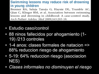 • Estudio caso/control
• 88 ninos fallecidos por ahogamiento (1-
19) /213 controles
• 1-4 anos: clases formales de natacion =>
88% reduccion riesgo de ahogamiento
• 5-19: 64% reduccion riesgo (asociacion
NES)
• Clases informales no disminuyen el riesgo
 