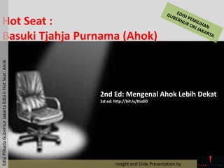 Hot Seat :
 Basuki Tjahja Purnama (Ahok)
Edisi Pilkada Gubernur Jakarta Edisi I: Hot Seat: Ahok




                                                         2nd Ed: Mengenal Ahok Lebih Dekat
                                                         1st ed: http://bit.ly/ttzdiD




                                                                 Insight and Slide Presentation by
 