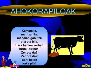 AHOKORAPILOAK Kamamila, mantzanila, mendian gabiltza bila eta bila. Hara hemen zerbait biribil-biribila! Zer ote da? Zer ote da? Behi baten kaka pila! 