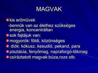 MAGVAK kis erőművek -bennük van az élethez szükséges  energia, koncentráltan sok fajtájuk van:  mogyorók: földi, közönséges diók: kókusz, kesudió, pekand, para pisztácia, fenyőmag, napraforgó-tökmag csíráztatott magvak:búza,rozs stb. 