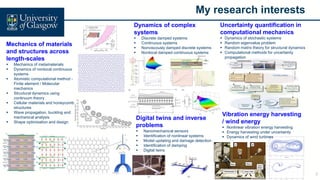 2
My research interests
Mechanics of materials
and structures across
length-scales
 Mechanics of metamaterials
 Dynamics of nonlocal continuous
systems
 Atomistic computational method -
Finite element / Molecular
mechanics
 Structural dynamics using
continuum theory
 Cellular materials and honeycomb
structures
 Wave propagation, buckling and
mechanical analysis
 Shape optimisation and design
Digital twins and inverse
problems
 Nanomechanical sensors
 Identification of nonlinear systems
 Model updating and damage detection
 Identification of damping
 Digital twins
Dynamics of complex
systems
 Discrete damped systems
 Continuous systems
 Nonviscously damped discrete systems
 Nonlocal damped continuous systems
Vibration energy harvesting
/ wind energy
 Nonlinear vibration energy harvesting
 Energy harvesting under uncertainty
 Dynamics of wind turbines
Uncertainty quantification in
computational mechanics
 Dynamics of stochastic systems
 Random eigenvalue problem
 Random matrix theory for structural dynamics
 Computational methods for uncertainty
propagation
 