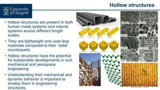 Hollow structures
• Hollow structures are present in both
human made systems and natural
systems across different length
scales.
• They are lightweight and uses less
materials compared to their “solid”
counterparts.
• Hollow structures have the potential
for sustainable developments in civil,
mechanical and aerospace
engineering
• Understanding their mechanical and
dynamic behavior is important to
employ them in engineering
structures.
 