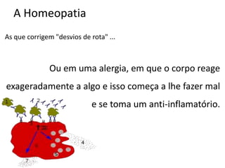 A Homeopatia
As que corrigem "desvios de rota" ...
Ou em uma alergia, em que o corpo reage
exageradamente a algo e isso começa a lhe fazer mal
e se toma um anti-inflamatório.
 
