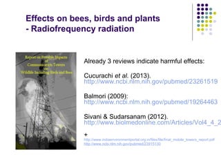 Effects on bees, birds and plants
- Radiofrequency radiation
Already 3 reviews indicate harmful effects:
Cucurachi et al. ...