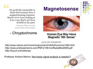 Magnetosense
- Chryptochrome
http://www.nature.com/ncomms/journal/v2/n6/full/ncomms1364.html
http://www.andrewamarino.com/...