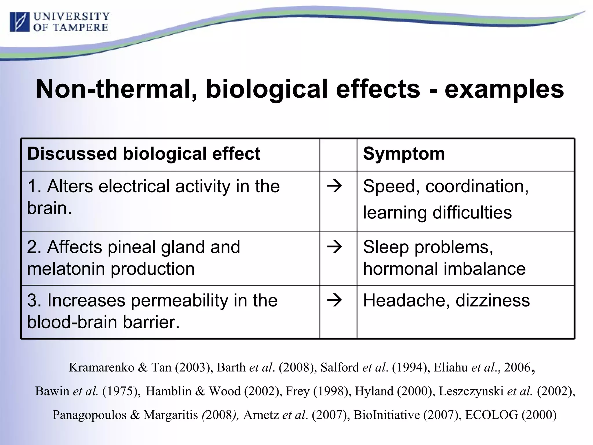 Kramarenko & Tan (2003), Barth  et al . (2008), Salford  et al . (1994), Eliahu  et al ., 2006 ,  Bawin  et al.  (1975),   Hamblin & Wood ( 2002), Frey (1998), Hyland (2000),  Leszczynski  et al.   (2002),   Panagopoulos & Margaritis  ( 2008 ),  Arnetz  et al . (2007), BioInitiative (2007), ECOLOG (2000)   Non-thermal, biological effects - examples Discussed biological effect Symptom 1. Alters electrical activity in the brain.  Speed, coordination, learning difficulties 2. Affects pineal gland and  melatonin production  Sleep problems, hormonal imbalance 3. Increases permeability in the blood-brain barrier.  Headache, dizziness 