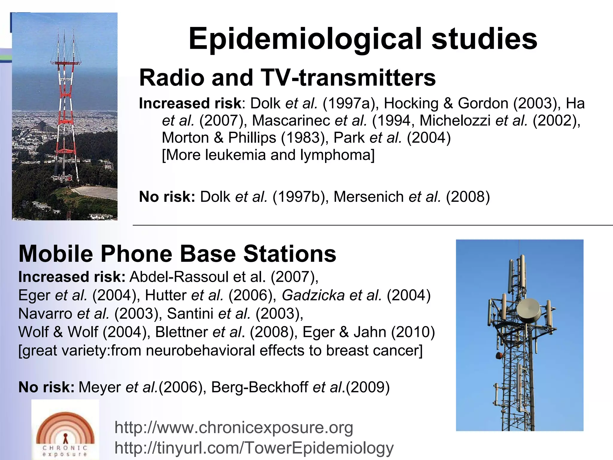 Epidemiological studies Radio and TV-transmitters Increased risk : Dolk  et al.  (1997a), Hocking & Gordon (2003), Ha  et al.  (2007), Mascarinec  et al.  (1994, Michelozzi  et al.  (2002), Morton & Phillips (1983), Park  et al.  (2004)  [More leukemia and lymphoma] No risk:  Dolk  et al.  (1997b), Mersenich  et al.  (2008) Mobile Phone Base Stations Increased risk:   Abdel-Rassoul  et al. (2007),  Eger  et al.  (2004), Hutter  et al.  (2006),  Gadzicka et al.  (2004) Navarro  et al.  (2003), Santini  et al.  (2003),  Wolf & Wolf (2004), Blettner  et al . (2008), Eger & Jahn (2010) [great variety:from neurobehavioral effects to breast cancer] No risk:   Meyer  et al. (2006), Berg-Beckhoff  et al .(2009) http://www.chronicexposure.org http://tinyurl.com/TowerEpidemiology   