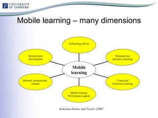 Mobile learning – many dimensions Kukulska - Hulme  and  Traxler  (2007  Remote/rural /development Informal, personalized,  situated Mobile training/ Performance support Connected Classroom learning Miniature but portable e-learning Technology-driven Mobile learning 