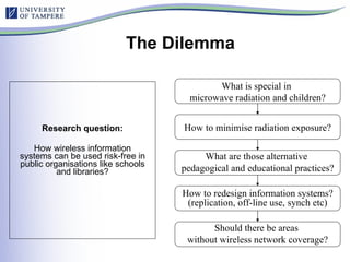 The Dilemma Research question: How wireless information systems can be used risk-free in public organisations like schools and libraries? What is special in  microwave radiation and children? How to minimise radiation exposure? What are those alternative  pedagogical and educational practices? How to redesign information systems? (replication, off-line use, synch etc) Should there be areas  without wireless network coverage? 