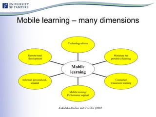 Mobile learning – many dimensions Kukulska - Hulme  and  Traxler  (2007  Remote/rural /development Informal, personalized,...