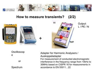 How to measure transients?  (2/2) + Oscilloscope or Spectrum  analyser Adapter for Harmonic Analysers / Auskoppeladapter For measurement of conducted electromagnetic interference in the frequency range from 10kHz to 30MHz based on CISPR 16 for measurements in accordance to EN 55011…22 Output: L / PE / N 