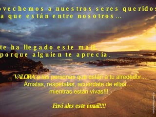 Aprovechemos a nuestros seres queridos,  ahora que están entre nosotros… VALORA   a las personas que están a tu alrededor... Ámalas, respétalas, acuérdate de ellas…  mientras están vivas!!! Envíales este email!!!! Si te ha llegado este mail,  es porque alguien te aprecia . 