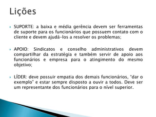 





SUPORTE: a baixa e média gerência devem ser ferramentas
de suporte para os funcionários que possuem contato com o
cliente e devem ajudá-los a resolver os problemas;
APOIO: Sindicatos e conselho administrativos devem
compartilhar da estratégia e também servir de apoio aos
funcionários e empresa para o atingimento do mesmo
objetivo;
LÍDER: deve possuir empatia dos demais funcionários, “dar o
exemplo” e estar sempre disposto a ouvir a todos. Deve ser
um representante dos funcionários para o nível superior.

 
