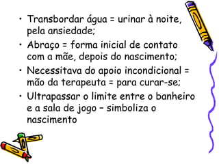 • Transbordar água = urinar à noite, 
pela ansiedade; 
• Abraço = forma inicial de contato 
com a mãe, depois do nascimento; 
• Necessitava do apoio incondicional = 
mão da terapeuta = para curar-se; 
• Ultrapassar o limite entre o banheiro 
e a sala de jogo – simboliza o 
nascimento 
 
