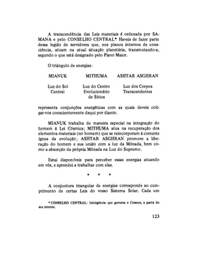 A transcendência das Leis materiais é ordenada por SA-
MANA e pelo CONSELHO CENTRAL*. Haveis de fazer parte
dessa legião de servidores que, nos planos internos de cons-
ciência, atuam na atual situação planetária, transmutando-a,
segundo o que está designado pelo Plano Maior.
O triângulo de energias:
MIANUK MITHUMA ASHTAR ASGHRAN
Luz do Sol Luz do Centro Luz dos Corpos
Central Evolucionário Transcendentes
de Sírius
representa conjunções energéticas com as quais deveis coli-
gar-vos conscientemente daqui por diante.
MIANUK trabalha de maneira especial na integração do
homem à Lei Cósmica; MITHUMA atua na recuperação dos
elementos materiais (no homem) que se reincorporam à corrente
ígnea da evolução; ASHTAR ASGHRAN promove a libe-
ração do homem e sua união com a luz da Mônada, bem co-
mo a absorção da própria Mônada na Luz do Supremo.
Estai disponíveis para perceber essas energias atuando
em vós, e aprendei a trabalhar com elas.
* * *
A conjuntura triangular de energias corresponde ao cum-
primento de certas Leis do vosso Sistema Solar. Cada um
•CONSELHO CENTRAL: Inteligência que governa o Cosmos, a partir do
seu interior.
123
 