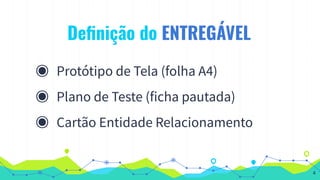 Deﬁnição do ENTREGÁVEL
◉ Protótipo de Tela (folha A4)
◉ Plano de Teste (ficha pautada)
◉ Cartão Entidade Relacionamento
4
 