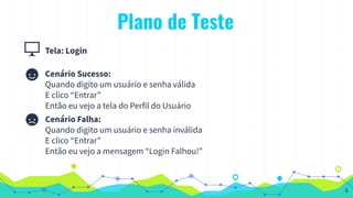 Plano de Teste
Tela: Login
Cenário Sucesso:
Quando digito um usuário e senha válida
E clico “Entrar”
Então eu vejo a tela do Perfil do Usuário
Cenário Falha:
Quando digito um usuário e senha inválida
E clico “Entrar”
Então eu vejo a mensagem “Login Falhou!”
6
 