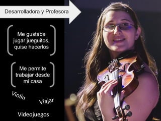 Violín
Viajar
Videojuegos
Me gustaba
jugar jueguitos,
quise hacerlos
Desarrolladora y Profesora
Me permite
trabajar desde
mi casa
 