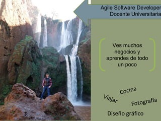 Viajar
Fotografía
Diseño gráfico
Agile Software Developer
Docente Universitaria
Ves muchos
negocios y
aprendes de todo
un poco
Cocina
 