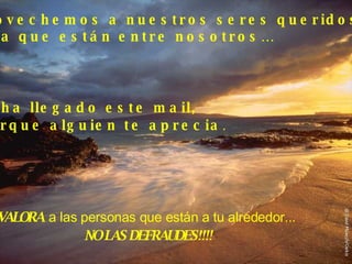 Aprovechemos a nuestros seres queridos,  ahora que están entre nosotros… VALORA   a las personas que están a tu alrededor... NO LAS DEFRAUDES!!!! Si te ha llegado este mail,  es porque alguien te aprecia . 