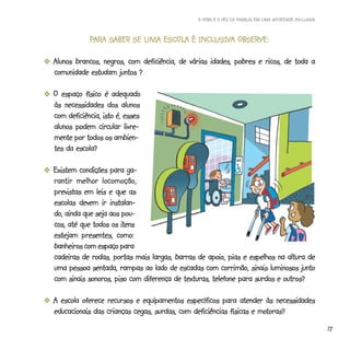 A HORA E A VEZ DA FAMÍLIA EM UMA SOCIEDADE INCLUSIVA



             PARA SABER SE UMA ESCOLA É INCLUSIVA OBSERVE:
              ARA              ESCOLA INCLUSIV
                                            USIVA

-Alunos brancos, negros, com deficiência, de várias idades, pobres e ricos, de toda a
 comunidade estudam juntos ?

-O espaço físico é adequado
 às necessidades dos alunos
 com deficiência, isto é, esses
 alunos podem circular livre-
 mente por todos os ambien-
 tes da escola?

-Existem condições para ga-
 rantir melhor locomoção,
 previstas em leis e que as
 escolas devem ir instalan-
 do, ainda que seja aos pou-
 cos, até que todos os iitens
                         tens
 estejam presentes, como:
 banheiros com espaço para
 cadeiras de rodas, portas mais largas, barras de apoio, pias e espelhos na altura de
 uma pessoa sentada, rampas ao lado de escadas com corrimão, sinais luminosos junto
 com sinais sonoros, piso com diferença de texturas, telefone para surdos e outros?

-A escola oferece recursos e equipamentos específicos para atender às necessidades
                                                                     motoras?
 educacionais das crianças cegas, surdas, com deficiências físicas e motoras?
                                                                                                      17
 