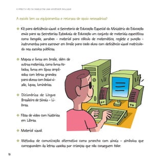 A HORA E A VEZ DA FAMÍLIA EM UMA SOCIEDADE INCLUSIVA



     A escola tem os equipamentos e recursos de apoio necessários?

       -Kit para deficiência visual: a Secretaria de Educação Especial do Ministério da Educação
        Kit                            Secretaria
                        Secretarias
        envia para as Secretarias Estaduais de Educação um conjunto de materiais específicos
                                                                             reglete
        como bengala, soroban - material para cálculo de matemática, reglete e punção -
        instrumentos para escrever em braile para cada aluno com deficiência visual matricula-
        do nas escolas públicas.

       -Mapas e livros em braile, além de
        outros materiais, como livros fa-
        lados, livros em tipos ampli-
                    letras
        ados com letras grandes
        para alunos com baixa vi-
        são, lupas, luminárias.

        - Dicionários de Língua
         Brasileira de Sinais – Li-
         bras.

       -Fitas de vídeo com histórias
        Fitas
        em Libras.

       -Material visual.

        -Métodos de comunicação alternativa como prancha com sinais – símbolos que
                         letras                                       falar.
         correspondem às letras usadas por crianças que não conseguem falar.
18
 
