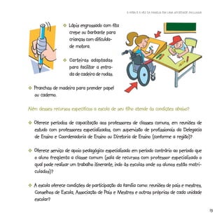 A HORA E A VEZ DA FAMÍLIA EM UMA SOCIEDADE INCLUSIVA



                    -Lápis engrossado com fita
                                             fita
                     crepe ou barbante para
                     crianças com dificulda-
                         motora.
                     de motora.

                    -Carteiras adaptadas
                                  adaptadas
                           facilitar
                     para facilitar a entra-
                     da de cadeira de rodas.

  -Pranchas de madeira para prender papel
      caderno.
   ou caderno.

Além desses recursos específicos a escola de seu filho atende às condições abaixo?

  -Oferece períodos de capacitação aos professores de classes comuns, em reuniões de
                       capacitação
   estudo com professores especializados, com supervisão de profissionais da Delegacia
                                          Diretoria
   de Ensino e Coordenadoria de Ensino ou Diretoria de Ensino (conforme a região)?

  -Oferece serviço de apoio pedagógico especializado em período contrário ao período que
   o aluno freqüenta a classe comum (sala de recursos com professor especializado o
   qual pode realizar um trabalho iitinerante, indo às escolas onde os alunos estão matri-
                                    tinerante, indo
   culados)?

  -A escola oferece condições de participação da família como: reuniões de pais e mestres,
                                        Pais
   Conselhos de Escola, Associação de Pais e Mestres e outras próprias de cada unidade
   escolar?
                                                                                                           19
 