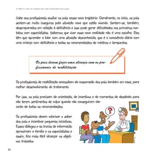 A HORA E A VEZ DA FAMÍLIA EM UMA SOCIEDADE INCLUSIVA



                                                        trajetória.
     Cabe aos profissionais auxiliar os pais nessa nova trajetória. Geralmente, no início, os pais
                muito                   situação                    vivendo.
     sentem-se muito inseguros pela situação nova que estão vivendo. Sentem-se, também,
     despreparados em relação à deficiência e isso pode gerar dificuldades nos primeiros con-
     tatos com especialistas. Sabemos que viver essa nova realidade não é uma escolha. Eles
                                           situação
     têm que aprender a lidar com uma situação desconhecida, que é a convivência diária com
     uma criança com deficiência e todas as recomendações de médicos e terapeutas.



                        Os pais devem fazer uma aliança com os pro-
                        fissionais de reabilitação


     Os profissionais de reabilitação necessitam da cooperação dos pais também em casa, para
                         reabilitação necessitam
     melhor desenvolvimento do tratamento.
                                  tratamento.

     Por isso, os pais precisam de orientação, de incentivos e de momentos de desabafo para
     não terem sentimentos de culpa quando não conseguirem dar
     conta de todas as recomendações.

     Os profissionais devem valorizar o saber
     dos pais e incentivar pequenas iniciativas.
     Esses diálogos e as trocas de informação
     aproximam a família e os especialistas e
                                         objeti-
     assim, fica mais fácil alcançar os objeti-
     vos traçados.

24
 