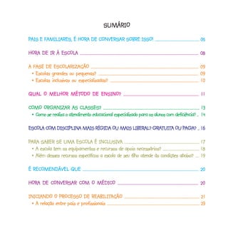 SUMÁRIO
PAIS E FAMILIARES, É HORA DE CONVERSAR SOBRE ISSO! .............................................. 05
                     HORA

HORA DE IR À ESCOLA ........................................................................................................................... 08
HORA         ESCOLA

            ESCOLARIZ
                    ARIZAÇÃO
A FASE DE ESCOLARIZAÇÃO ................................................................................................................ 09
 •-Escolas grandes ou pequenas? ........................................................................................................ 09
 •-Escolas inclusivas ou especializadas? ............................................................................................ 1 0

QUAL O MELHOR MÉTODO DE ENSINO? .......................................................................... 1 1.
              MÉTODO

COMO ORGANIZAR AS CLASSES? .................................................................................................... 1 3
COMO ORGANIZAR             CLASSES?
 •-Como se realiza o atendimento educacional especializado para os alunos com deficiência? .. 1 4

ESCOLA COM DISCIPLINA MAIS RÍGIDA OU MAIS LIBERAL? GRATUITA OU PAGA? .. 1 6
ESCOLA COM DISCIPLINA                     LIBERAL? GRATUITA PAGAAGA?

PARA SABER SE UMA ESCOLA É INCLUSIVA .............................................................................. 1 7
 ARA                   ESCOLA INCLUSIV  USIVA
 •-A escola tem os equipamentos e recursos de apoio necessários? ...................................... 1 8
   Além
 •-Além desses recursos específicos a escola de seu filho atende às condições abaixo? .... 1 9

  RECOMENDÁVEL
É RECOMENDÁVEL QUE ......................................................................................................................... 20

HORA DE CONVERSAR COM O MÉDICO .................................................................................... 20
HORA              COM MÉDICO

INICIANDO O PROCESSO DE REABILITAÇÃO .............................................................................. 2 1.
INICIANDO                       REABILITAÇÃO
 •-A relação entre pais e profissionais ................................................................................................ 23
 