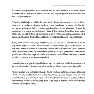 A HORA E A VEZ DA FAMÍLIA EM UMA SOCIEDADE INCLUSIVA



                                                              Portanto,
É na família que aprendemos a nos relacionar com os outros. Portanto, a construção dessa
                                         Os
sociedade inclusiva começa nas famílias. Os pais e as próprias pessoas com deficiência são
seus principais agentes.

Entretanto,
Entretanto, ainda hoje, a maioria da nossa população não está acostumada a participar
ativamente de reuniões em igrejas, escolas e outras associações da comunidade. Isso faz
                                  muitos
com que as pessoas se isolem e muitos assuntos deixem de ser discutidos. No caso da
                                                                                   maior.
chegada de uma criança com deficiência, a falta de informações da família é ainda maior.
Muitos
Muitos pais não sabem como agir nem decidir o que é melhor para os filhos, deixando para
                                                fisioterapeutas
médicos, professores, terapeutas ocupacionais e fisioterapeutas essa responsabilidade.

Assim, numa sociedade inclusiva, a relação dos profissionais com os familiares deve ser de
cooperação, juntos na direção do atendimento às necessidades especiais da criança. Os   Os
objetivos
objetivos a serem alcançados e as decisões a serem tomadas devem ser discutidos entre
todos os envolvidos. Cabe aos profissionais esclarecer todos os passos dos atendimentos
                                   acontecer.
que vão ser realizados e o que vai acontecer. A decisão dos familiares deve estar baseada
em informações dadas por esses profissionais.

Uma outra tarefa de grande importância dos pais é a escolha da escola, de como desejam
                                        respeitar
que seus filhos sejam educados, devendo respeitar os valores e as crenças da família.

Para se construir uma sociedade inclusiva é fundamental que as famílias tenham autonomia
para cuidar das questões relacionadas às necessidades especiais de seus filhos. Em uma
sociedade inclusiva, as famílias de pessoas com deficiência devem estar presentes em todos
                                                               direitos
os momentos, participar das decisões, fazer valer os seus direitos e lutar por melhores
condições de vida para todos.
                                                                                                          7
 