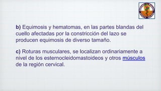 b) Equimosis y hematomas, en las partes blandas del
cuello afectadas por la constricción del lazo se
producen equimosis de diverso tamaño.
c) Roturas musculares, se localizan ordinariamente a
nivel de los esternocleidomastoideos y otros músculos
de la región cervical.
 
