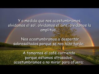 Y   a medida que nos acostumbramos,  olvidamos el sol, olvidamos el aire,   olvidamos la amplitud...   Nos acostumbramos a despertar  sobresaltados porque se nos hizo tarde;  A  t omarnos el café corriendo  porque estamos atrasados;  acostumbramos a no mirar para afuera;   
