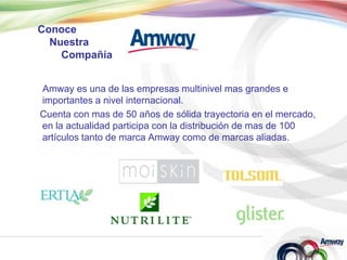 Conoce     Nuestra         Compañía      Amway es una de las empresas multinivel mas grandes e importantes a nivel internacional.     Cuenta con mas de 50 años de sólida trayectoria en el mercado, en la actualidad participa con la distribución de mas de 100 artículos tanto de marca Amway como de marcas aliadas. 