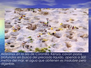 Aldeanos en la isla de Coronilla, Kenya, cavan pozos
profundos en busca del preciado liquido, apenas a 300
metros del mar, el agua que obtienen es insalubre pero
digerible.
 